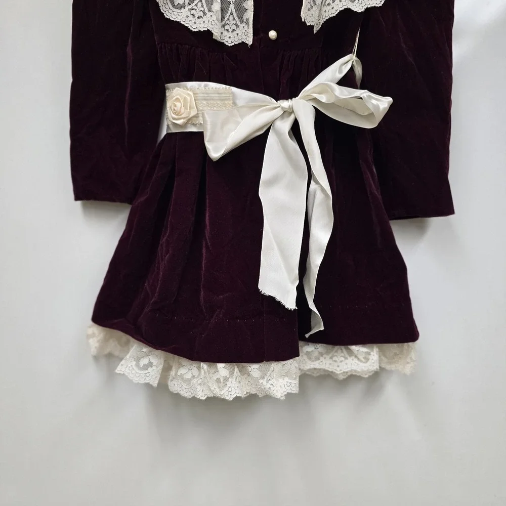 Vintage Sarah Kent Victorian Maroon Ivory Velvet Dress Lace‎ Girls Size 6 Bow